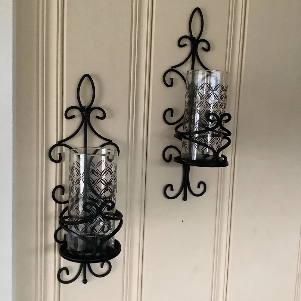 Vintage Black Coated Brass Swirl Wall Sconces Glass Candle Holders Candelabra